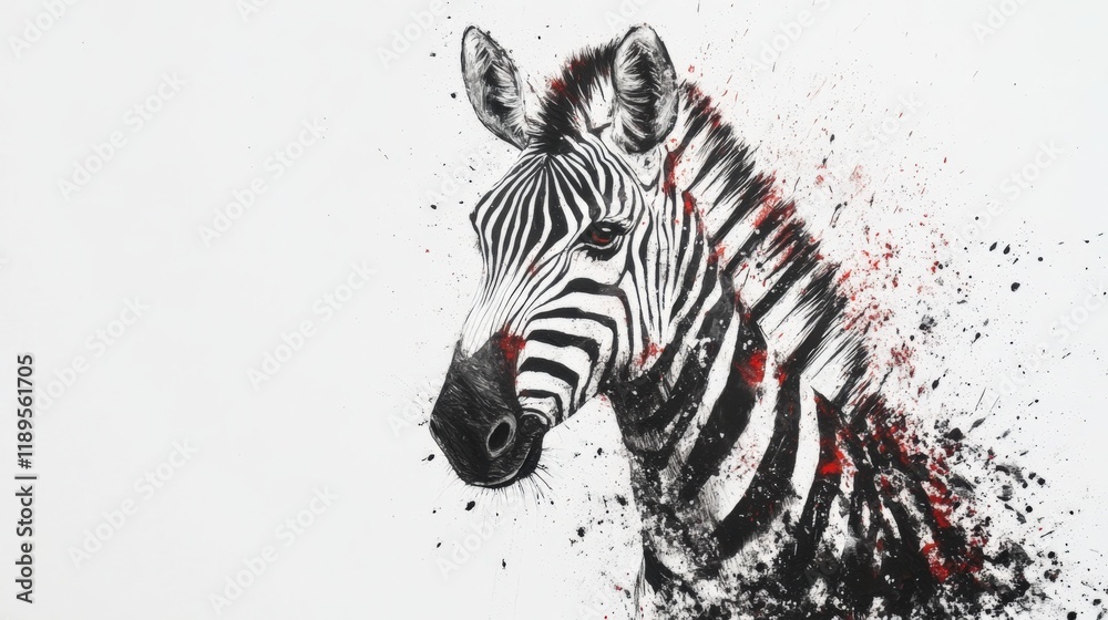Fototapeta close up of a zebra with red paint splatter
