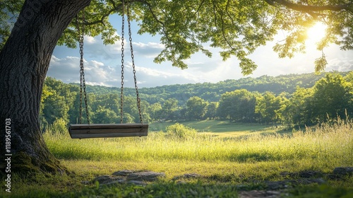 Relaxing swing under a tree during sunset with a view of rolling hills in the...