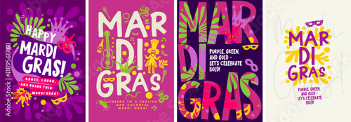 Stylish Mardi Gras poster featuring festive colors, bold masks, and playful typography, capturing the vibrant essence of the celebration.