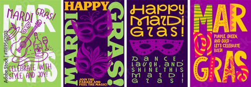 Festive Mardi Gras poster featuring colorful masks, beads, and festive elements. A vibrant design celebrating the joy of the festival.