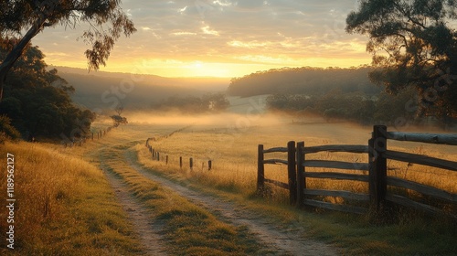 Serene sunrise over a misty valley with golden grass and tall trees in the mo...