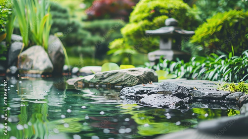 a tranquil zen garden adorned with lush foliage and serene water features, white space in the center of the page for text, harmonious shades of green against a backdrop of peaceful nature a tranquil zen garden adorned with lush foliage and serene water features, white space in the center of the page for text, harmonious shades of green against a backdrop of peaceful nature