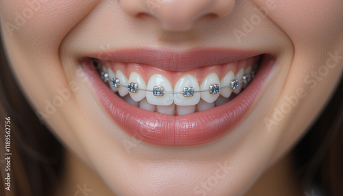 Orthodontic appliance in patient's mouth demonstrating oral care and dental health. Dental braces photo