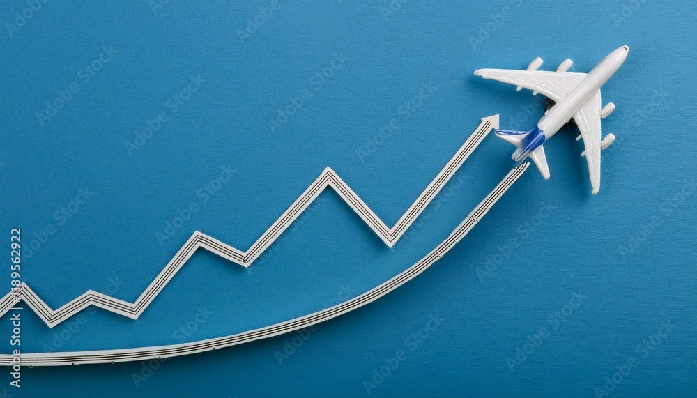 Fototapeta premium A meandering upward curved graph, with a small model of an airplane following the top of the upward curved graph model
