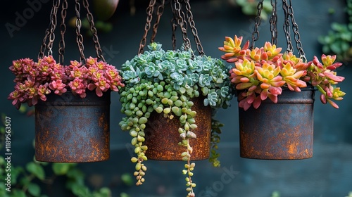 Colorful succulents in rustic hanging pots against a dark background during d...