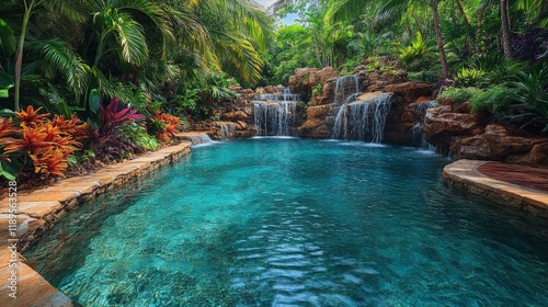 Relaxing hot spring surrounded by vibrant greenery and colorful flowers in a ...
