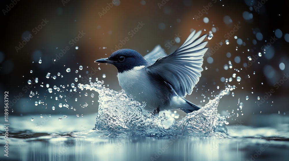 Obraz premium Bird lands in water, splashing with blurred background, likely used as a nature scene