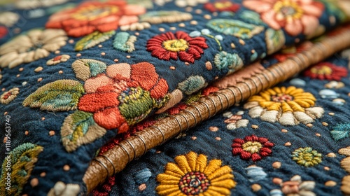 Floral embroidery on textile showcases intricate craftsmanship and vibrant co...