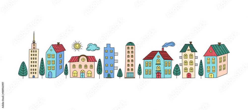 Cartoon town, house colorful. Hand drawn city, trees. Drawing, doodle. Architecture, construction, flat vector illustration on isolated background. Cartoon town, house colorful. Hand drawn city, trees. Drawing, doodle. Architecture, construction, flat vector illustration on isolated background.