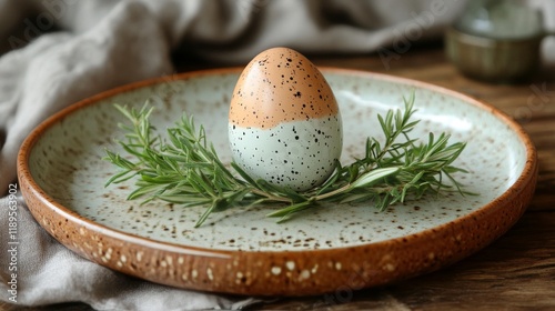 Fresh egg resting on a decorative plate with green herbs in a natural setting