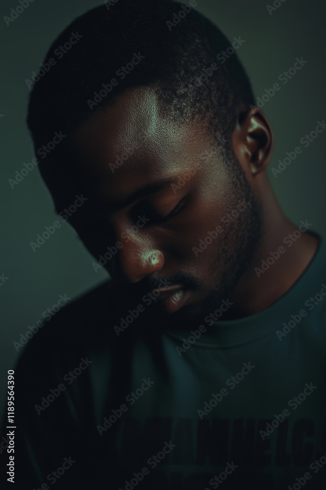 Close-up portrait of a dark-skinned man with his head bowed down, wearing a dark green shirt Close-up portrait of a dark-skinned man with his head bowed down, wearing a dark green shirt