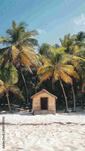 Palm trees surround a cozy beach hut in a tropical paradise at sunset