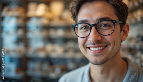 Customer trying on new glasses at optical store for perfect vision and style. photo