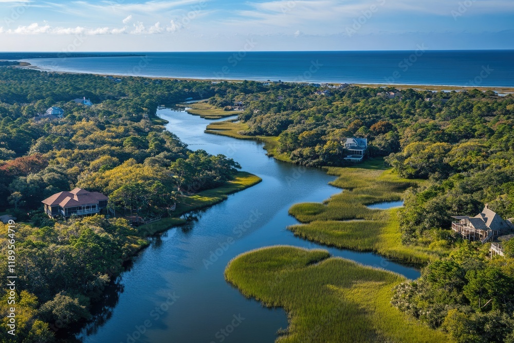 Fototapeta premium Aerial Perspective of a Serene Tributary on Bald Head Island, North Carolina, Showcasing Vibrant Colors and Tranquil Waters