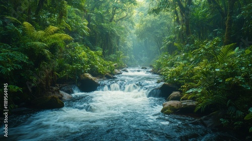 Serene sunset over a tranquil river surrounded by lush greenery in a rainfore...