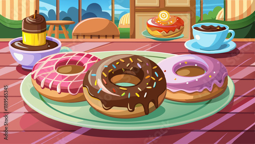 snack donuts chocolate sweet delicious toppings dessert restaurant The bread has a circle hole in the middle.