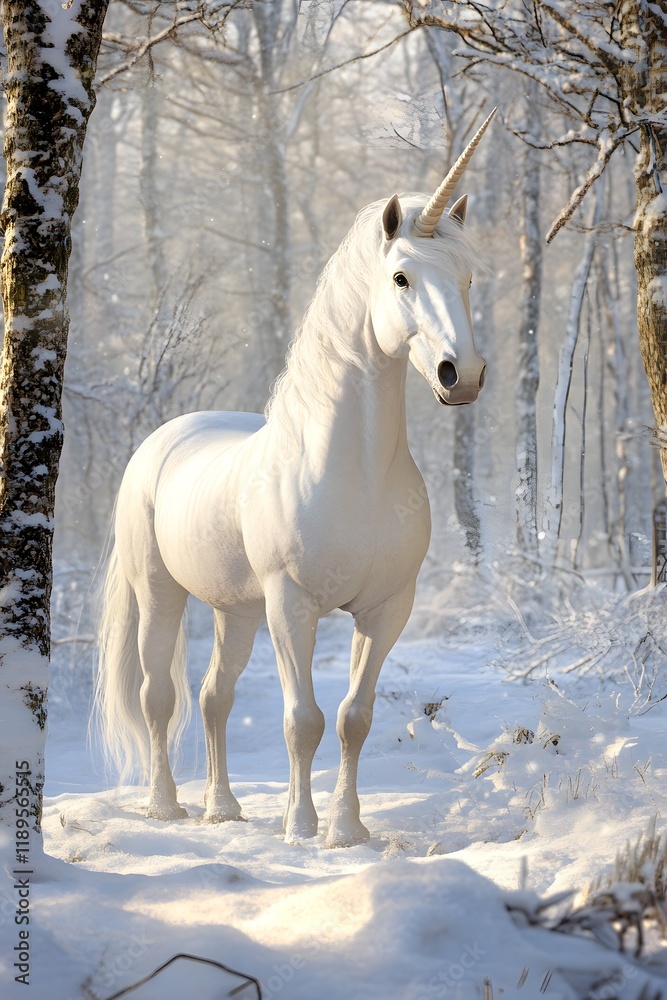 Majestic white unicorn in a serene winter forest, surrounded by snow and soft light, evoking magic and fantasy. Ideal for storytelling, children's books, or fantasy-themed designs Majestic white unicorn in a serene winter forest, surrounded by snow and soft light, evoking magic and fantasy. Ideal for storytelling, children's books, or fantasy-themed designs