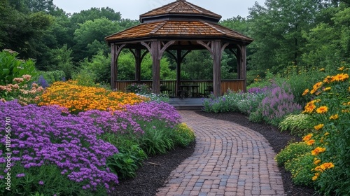 Vibrant flower garden with gazebo and winding pathway in a peaceful setting