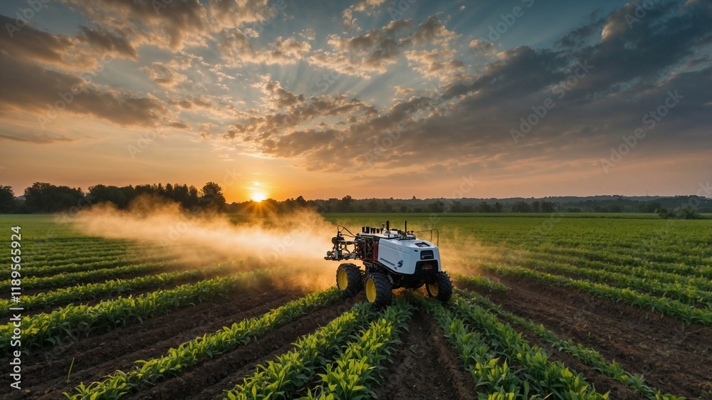 Obraz premium Generative AI image of unmanned robot herbicide sprayer working in agricultural field during evening against sunset sky and green trees in countryside 