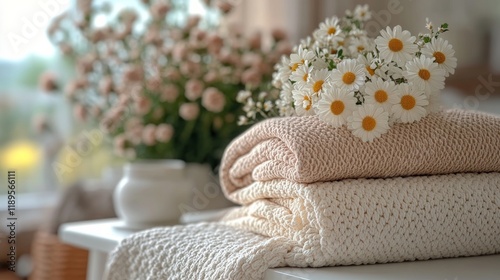 Cozy knitted blanket draped on a white wooden table with flowers in a vase ne...