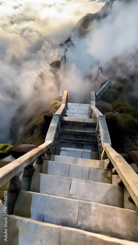 stone staircase descending through misty clouds, surrounded by lush greenery and leading into a mysterious, ethereal landscape. Travel 