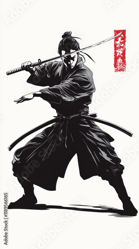 Japanese samourai fighting with sword - vector illustration - meaning of the black japanese characters : WAR, VICTORY - Meaning of the characters in the red stamp : BEAUTY, LOVE, HARMONIE