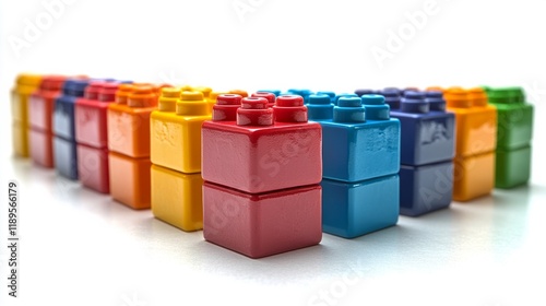 Colorful stackable plastic toys arranged in a neat row displaying a vibrant g...