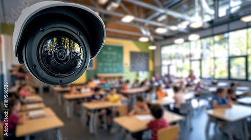  A close-up of an indoor security camera mounted on the ceiling, capturing footage from inside a classroom filled with students and their teacher at desks