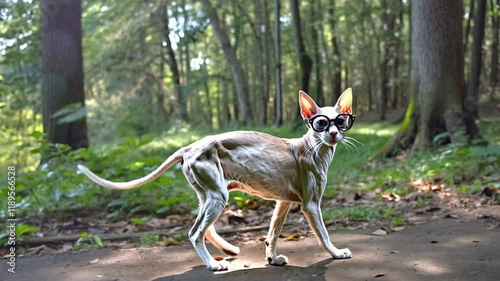 unique Sphynx cat sporting sunglasses while strolling along a shaded forest path, blending style and quirkiness in a serene natural environment. Lifestyle 