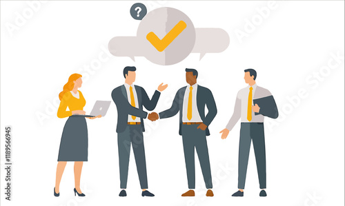 Business Meeting Concept. Vector cartoon full-length illustration in a flat style of business people with two men in suits in the center shaking hands. Isolated on background.