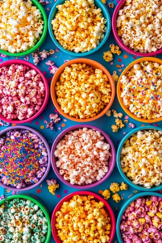 Colorful bowls of popcorn, some sprinkled with colorful candy