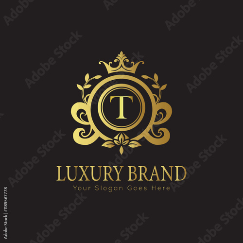 Letter luxury gold logo concept brand logo design with a royal gold crown emblem and elegant typography
