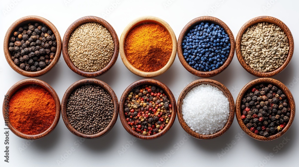 Assorted vibrant spices in small round bowls. Assorted vibrant spices in small round bowls.