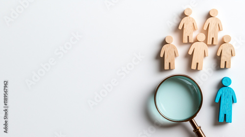 Magnifying Glass, Blue and Beige Wooden Figures on White Background photo