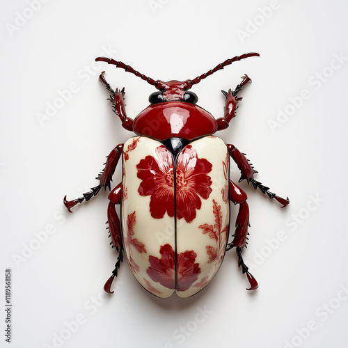Model of a Beetle with Red and Off-White Floral Pattern