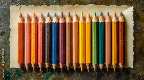 Colorful colored pencils arranged in a line on white paper during daylight hours