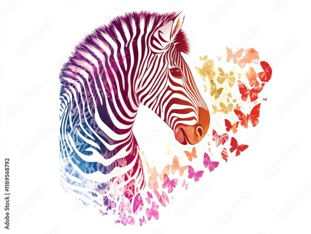 a stylized zebra with colorful butterflies on a white background a stylized zebra with colorful butterflies on a white background