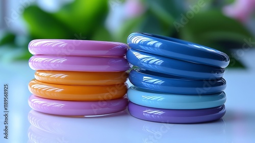 Colorful rings arranged aesthetically on a table showcasing vibrant designs a...