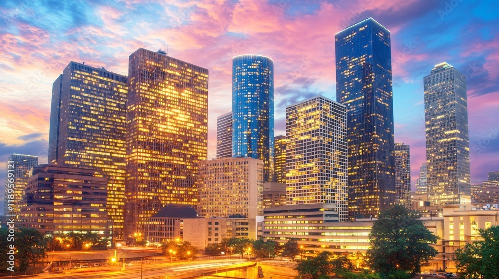Obraz premium Stunning Cityscape at Sunset Golden Hour Skyscrapers Night View