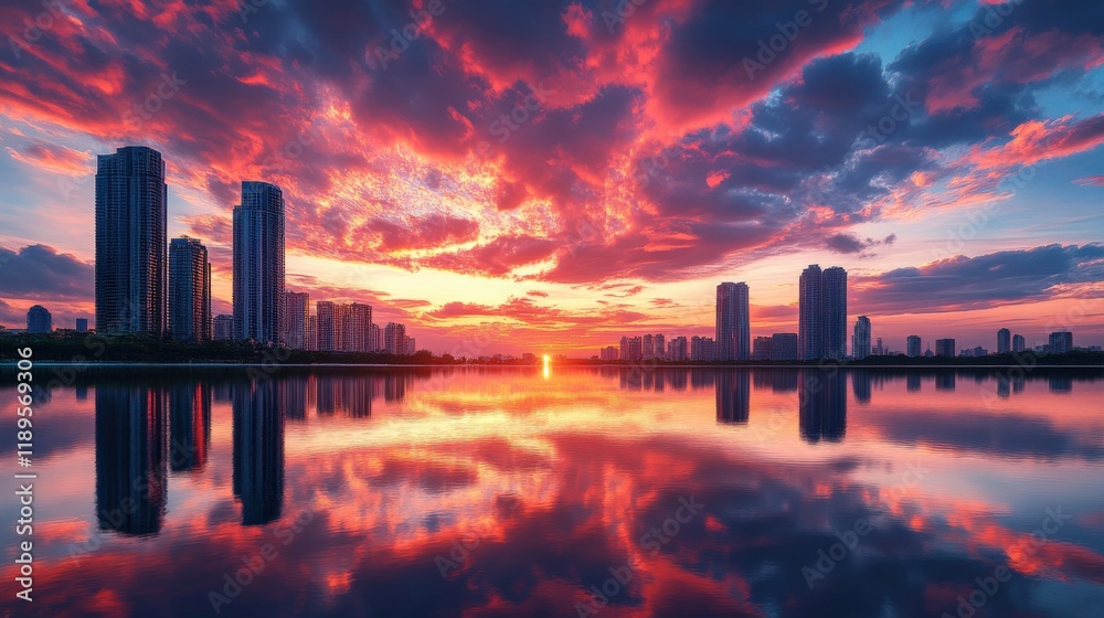 Fototapeta premium city skyline at sunset with vibrant clouds and water reflection