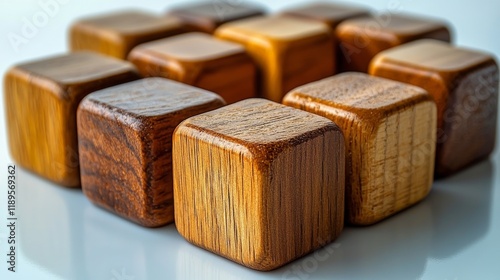 Various wooden geometric shapes arranged on a light surface in a creative dis...