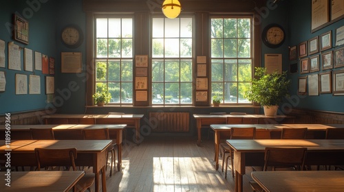 Bright and inviting classroom with wooden tables and greenery during sunny af...