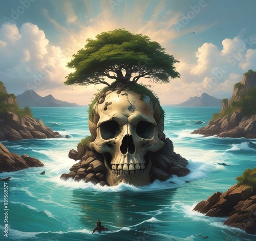 Illustration of spooky skull Island.