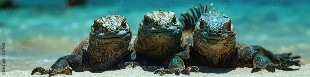 Fototapeta premium Tranquil Beach Scene with Galapagos Marine Iguanas Soaking in the Sun on Isabela Island, Showcasing Stunning Wildlife and Ocean Views