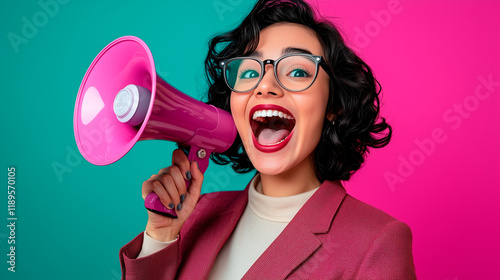 Woman with Megaphone Against Bicolor Background