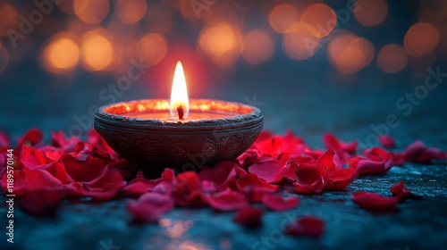 Decorative oil lamp surrounded by rose petals creating a warm atmosphere duri...