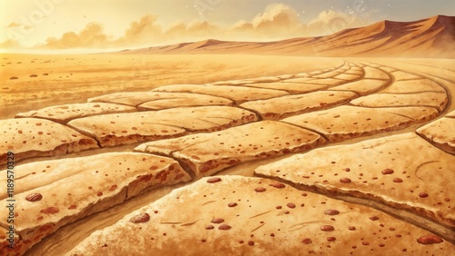 Cracked desert terrain under a golden sunset