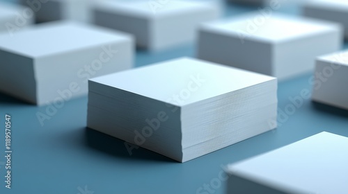 Stacks of blank paper sheets arranged neatly on a blue surface for creative p...