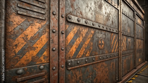 Weathered industrial door with bolts and stripes