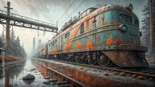 Rusty vintage train on an abandoned railway track